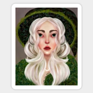 Forest Witch Illustration Fern Witch Hat White Hair Green Eyes Stars and Crescent Moon Sticker